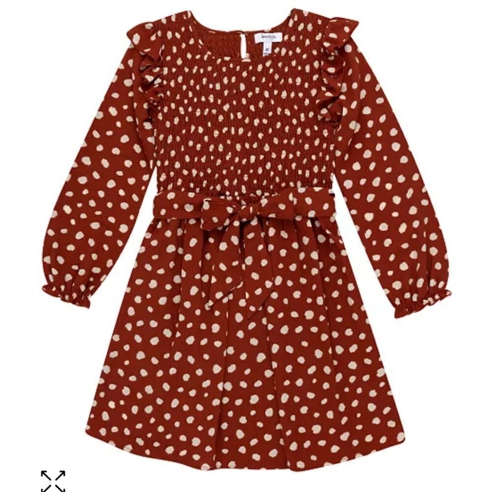 Big Girls Polka Dot Long Sleeve Dress with Smocked Bodice